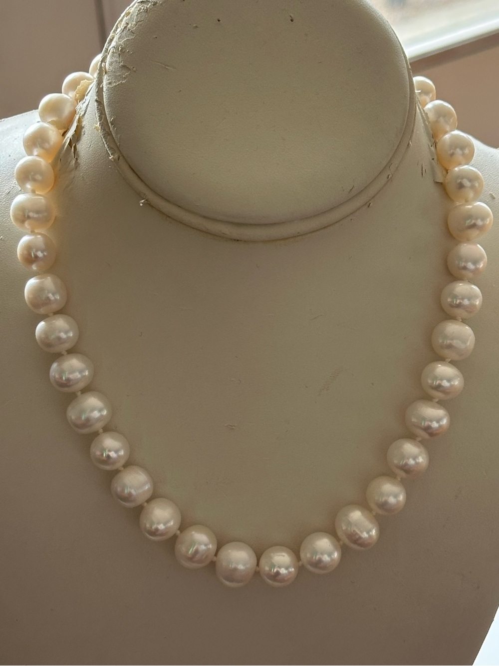 11.4mm - 12.4mm White Cultured Pearls - HAND KNOTTED - 14K GF Clasp - 17 1/2"
